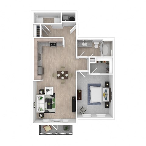 A2A one bedroom one bathroom 3D floor plan with furniture arranged